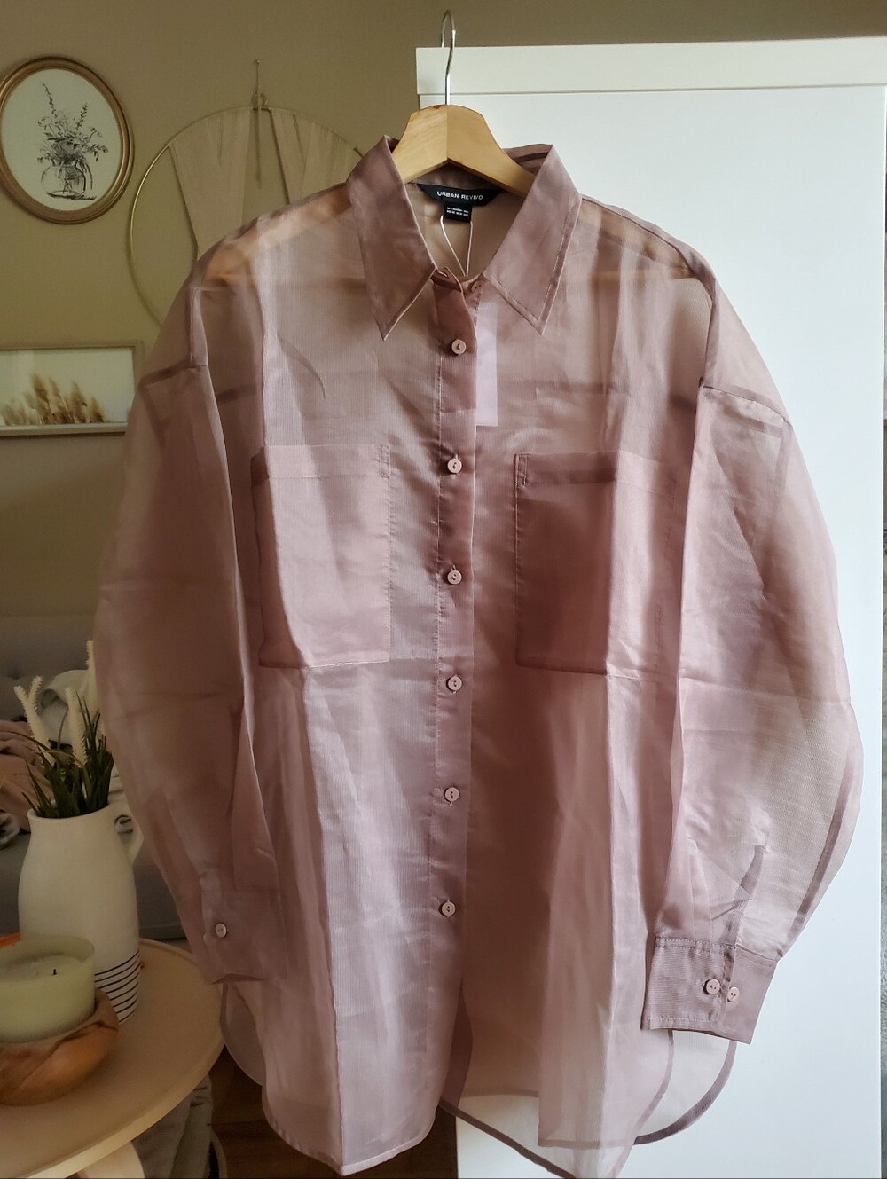 Sheer Long-Sleeve Butto Up Shirt - Blush - M/L
